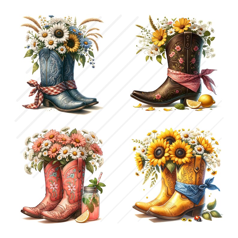 May include: Four images of cowboy boots filled with flowers. The boots are in various colours: blue, brown, pink, and yellow. Each pair is decorated with a bandana and filled with a different arrangement of flowers, including daisies and sunflowers.