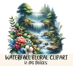 Bundle de cliparts cascade paysage Image JPG aquarelle florale Nature cascade scène Illustration forêt Clipart carte graphique fabrication d'impression