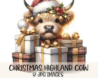 May include: A digital illustration of a Highland cow wearing a Santa hat and a string of lights, surrounded by wrapped gifts with gold bows. The gifts are stacked on top of each other. Text at the bottom reads "CHRISTMAS HIGHLAND COW" and "12 JPG IMAGES".