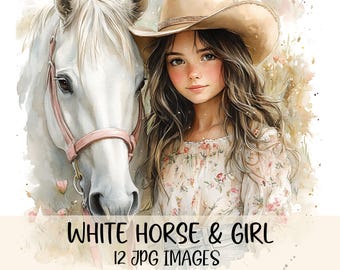Watercolor Horse Clipart Bundle Horse With Girl Illustration High Quality JPG Image Equestrian Clipart Horse Lover Graphics Junk Journal