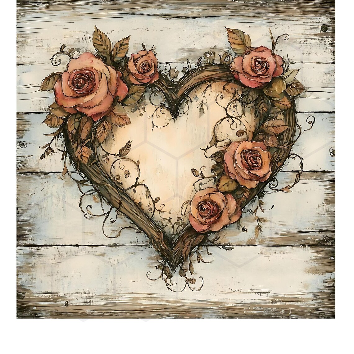 Watercolor Floral Heart Clipart Rustic Barn Wood JPG Images Farmhouse ...