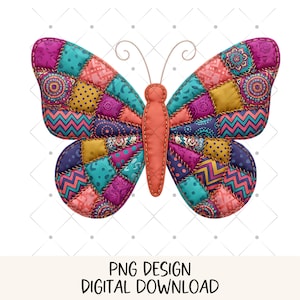 May include: A colorful butterfly design with patchwork wings in shades of pink, teal, purple, and yellow. The butterfly has a stitched appearance with a textured look. The text "PNG DESIGN DIGITAL DOWNLOAD" is at the bottom.