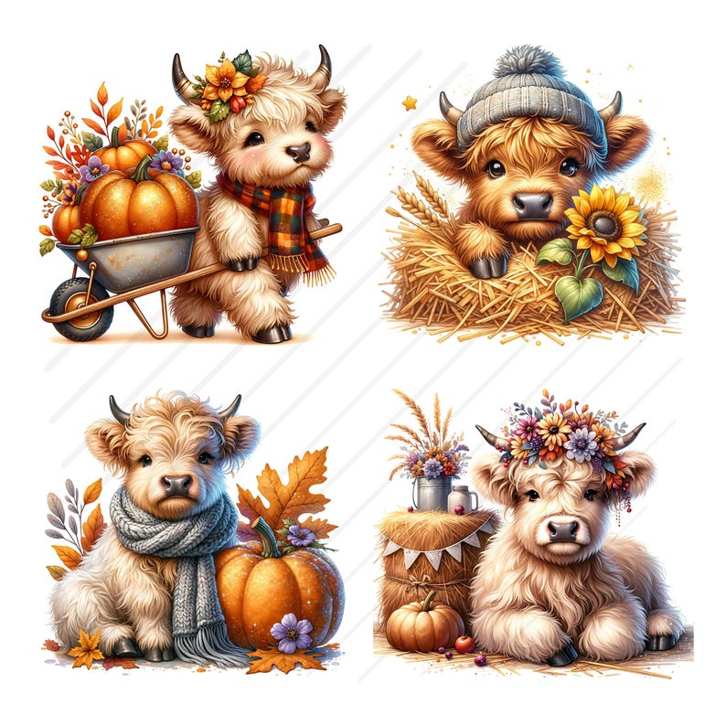 Fall Highland Cow Clipart Bundle Cute Highland Cow Design JPG Image ...
