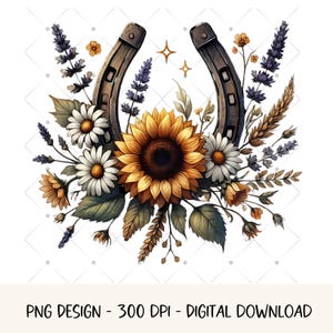 Rustikales Hufeisen PNG Bild Floral Hufeisen Wildblumen Grafik Boho Sonnenblume Hufeisen Design Bauernhaus Wand Kunst druckbare digitaler Download