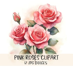 Bundle de cliparts roses aquarelle Images JPG Bouquet de roses roses Clipart illustration mariage fleur Clipart naissance fleur graphique imprimable