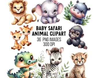 Cute Baby Safari Clipart Bundle Safari Animal PNG Watercolor Safari Illustration Jungle Animal Clipart Safari Baby PNG Nursery Printable