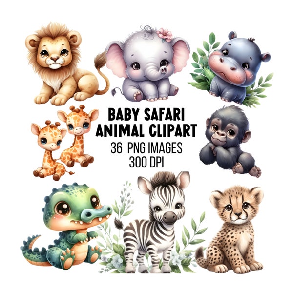 Cute Baby Safari Clipart Bundle Safari Animal PNG Watercolor Safari Illustration Jungle Animal Clipart Safari Baby PNG Nursery Printable