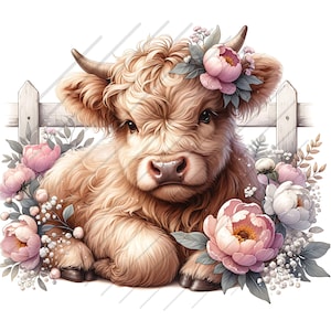 May include: A brown and white Highland cow calf with a pink flower crown sits in front of a white picket fence. The calf is surrounded by pink and white flowers.