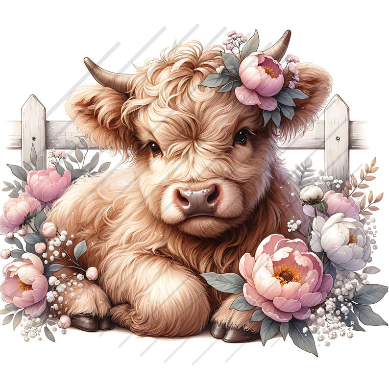 May include: A brown and white Highland cow calf with a pink flower crown sits in front of a white picket fence. The calf is surrounded by pink and white flowers.
