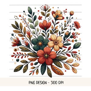 Peut inclure: Un bouquet de fleurs aux tons rouges, jaunes, verts et bruns. Les fleurs sont dispos&eacute;es en grappe avec des feuilles et des tiges. L'arri&egrave;re-plan est un motif ray&eacute; blanc.
