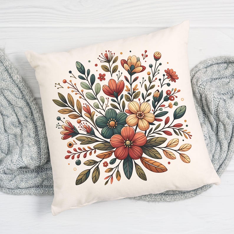 Peut inclure: Un oreiller blanc avec un motif floral. Les fleurs sont dans des tons de rouge, orange, jaune, vert et bleu. L'oreiller est parfait pour ajouter une touche de couleur et de style &agrave; n'importe quelle pi&egrave;ce.