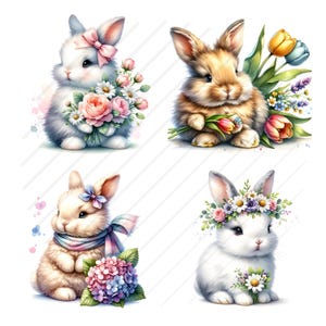 May include: Four adorable bunnies with fluffy white and brown fur, each holding a bouquet of colorful flowers. The bunnies are wearing floral headbands and bows.