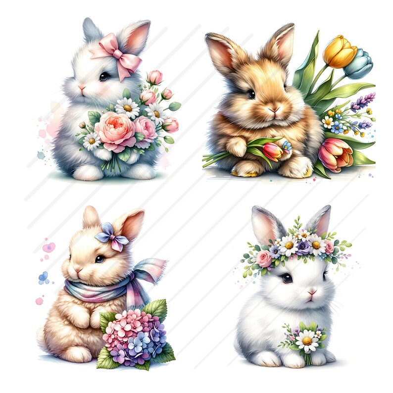 May include: Four adorable bunnies with fluffy white and brown fur, each holding a bouquet of colorful flowers. The bunnies are wearing floral headbands and bows.