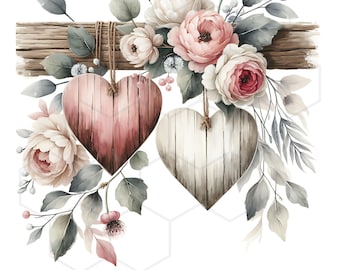 Romantic Watercolor Floral Heart Clipart Rustic Wood Hearts Clip Art Digital Download Valentines Day Clipart Floral Bouquet JPG Illustration