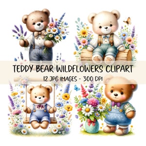 Floral Teddybär Aquarell Clipart Bundle Süßer Bär Clipart JPG Bild Wildblumen Clipart Digitales Bild Kinderzimmer Kunst Scrapbooking