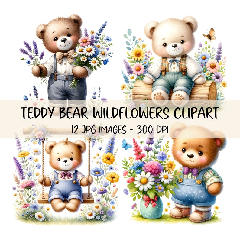 Op de afbeelding: Vier digitale illustraties van teddyberen met wilde bloemen. De beren dragen overalls en strikjes. E&eacute;n beer houdt een bos wilde bloemen vast, &eacute;&eacute;n zit op een boomstam, &eacute;&eacute;n zit op een schommel en &eacute;&eacute;n staat naast een vaas met wilde bloemen.