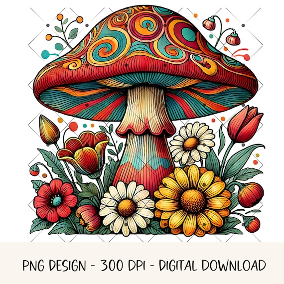 Retro Mushroom PNG Botanical PNG Graphic Groovy Mushroom Tshirt Design Magical Mushroom Clipart Nature Lovers Digital Download Printable Art