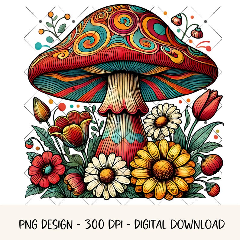 May include: A psychedelic mushroom with a colorful, swirling pattern, surrounded by a variety of flowers in shades of red, yellow, and white. The mushroom is a popular symbol of the 1960s counterculture.