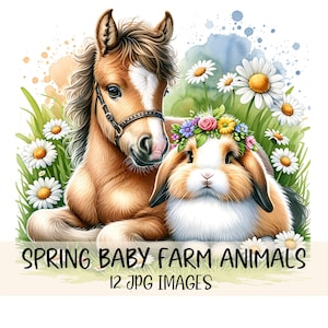 Baby boerderij dieren clipartbundel JPG-afbeeldingen schattige lente dieren clipart aquarel lente clipart dierlijke afbeeldingen afdrukbare digitale download