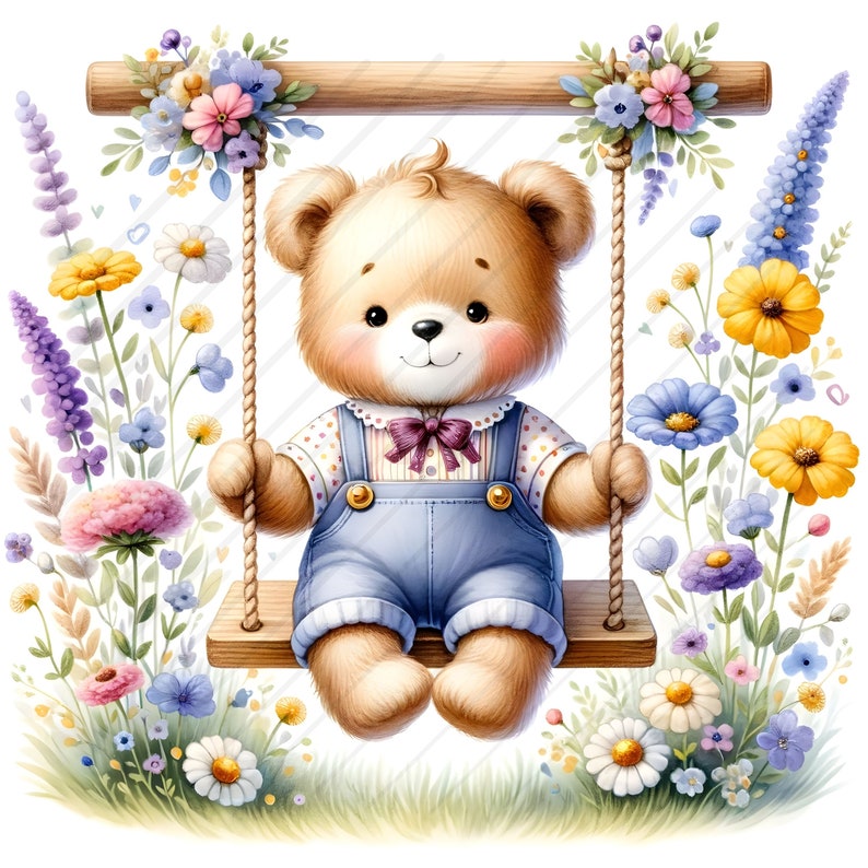Op de afbeelding: Een bruine teddybeer met een blauwe en witte overall zit op een schommel omringd door kleurrijke bloemen.