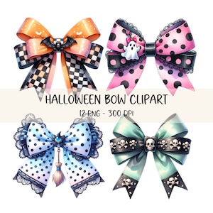 Puede incluir: Cuatro lazos temáticos de Halloween con diferentes patrones y colores. Los lazos están decorados con calaveras, fantasmas, murciélagos y lunares. El texto "HALLOWEEN BOW CLIPART" y "12 PNG - 300 DPI" se muestra debajo de los lazos.