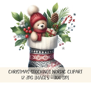 Pacchetto di clipart di calze di Natale Design natalizio nordico Immagine JPG di Natale scandinavo Arte digitale per le vacanze Clipart festivo stampabile