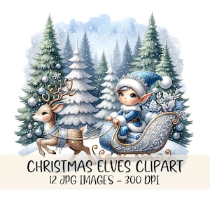 Kerstelf clipartbundel schattige kerstelfen clipart JPG-afbeeldingen aquarel kerst graphics vakantie afdrukbare digitale download