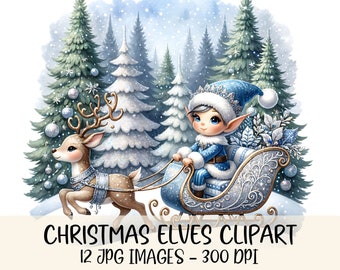 Op de afbeelding: Een blauwe kerst elf met puntige oren rijdt in een zilveren slee die wordt getrokken door een bruin rendier. De elf draagt een blauwe hoed met een witte pompon en een blauw-wit gestreepte sjaal. De slee is versierd met zilveren sneeuwvlokken en een wit-blauw deken. De achtergrond is een besneeuwd bos met dennenbomen.