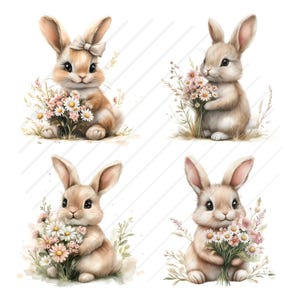 May include: Four adorable illustrations of brown bunnies holding bouquets of white and pink flowers. Each bunny is depicted with a different pose and expression, creating a charming and whimsical set.