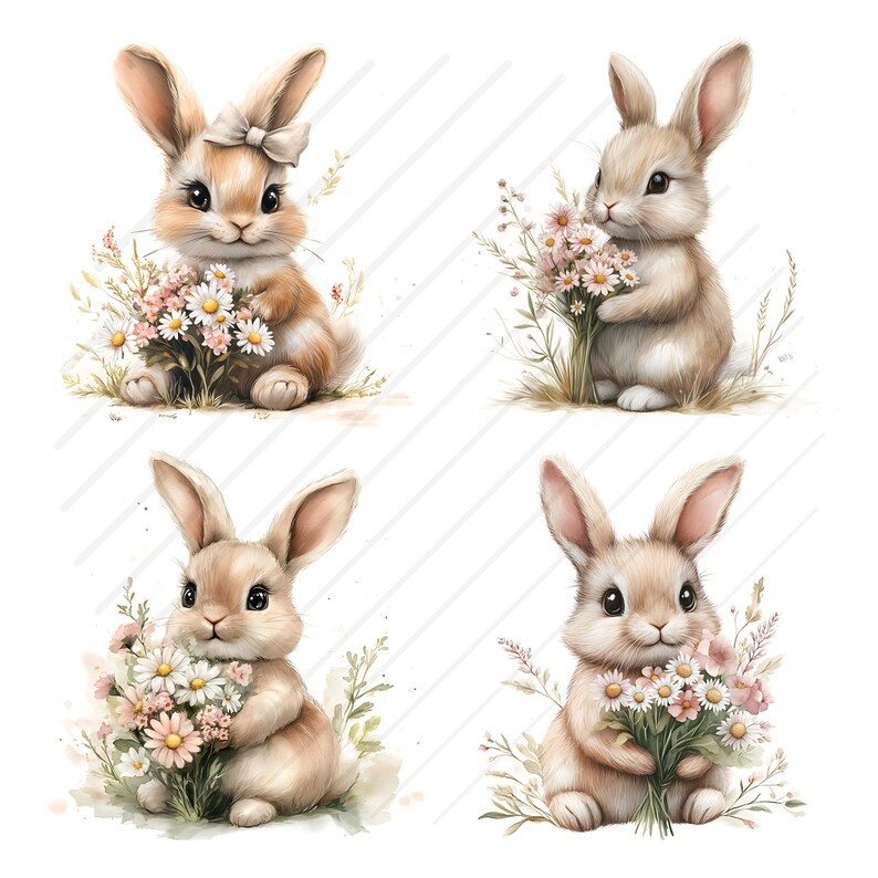 May include: Four adorable illustrations of brown bunnies holding bouquets of white and pink flowers. Each bunny is depicted with a different pose and expression, creating a charming and whimsical set.