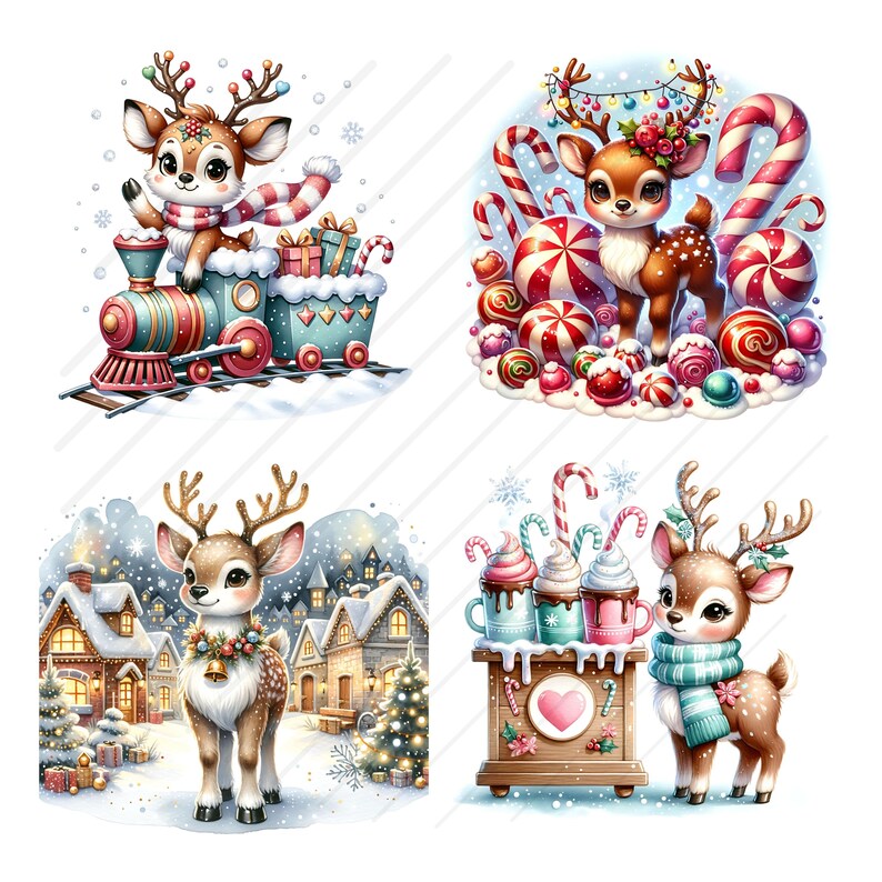Puede incluir: Cuatro ilustraciones digitales con un lindo reno de dibujos animados en diferentes escenarios navide&ntilde;os. La primera imagen muestra al reno montando un tren de juguete con regalos. La segunda imagen muestra al reno rodeado de bastones de caramelo y dulces. La tercera imagen muestra al reno en un pueblo de invierno con casas cubiertas de nieve. La cuarta imagen muestra al reno de pie junto a un puesto de chocolate caliente.