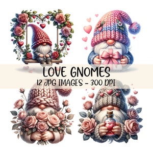 Valentine Gnome Clipart Watercolor Love Gnome Illustration JPG Images Valentines Day Clipart Printable Festive Gnomes Fantasy Clipart