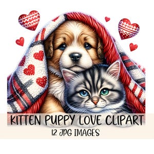 Bundle de cliparts chiot aquarelle chaton valentine graphiques amoureux des chats Clipart JPG Images amoureux des chiens des cliparts téléchargement numérique art imprimable