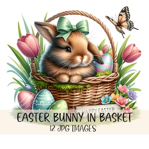 Bundle de cliparts mignon lapin de Pâques Design panier floral Image JPG aquarelle panier de Pâques Illustration printemps Clipart lapin graphique imprimable