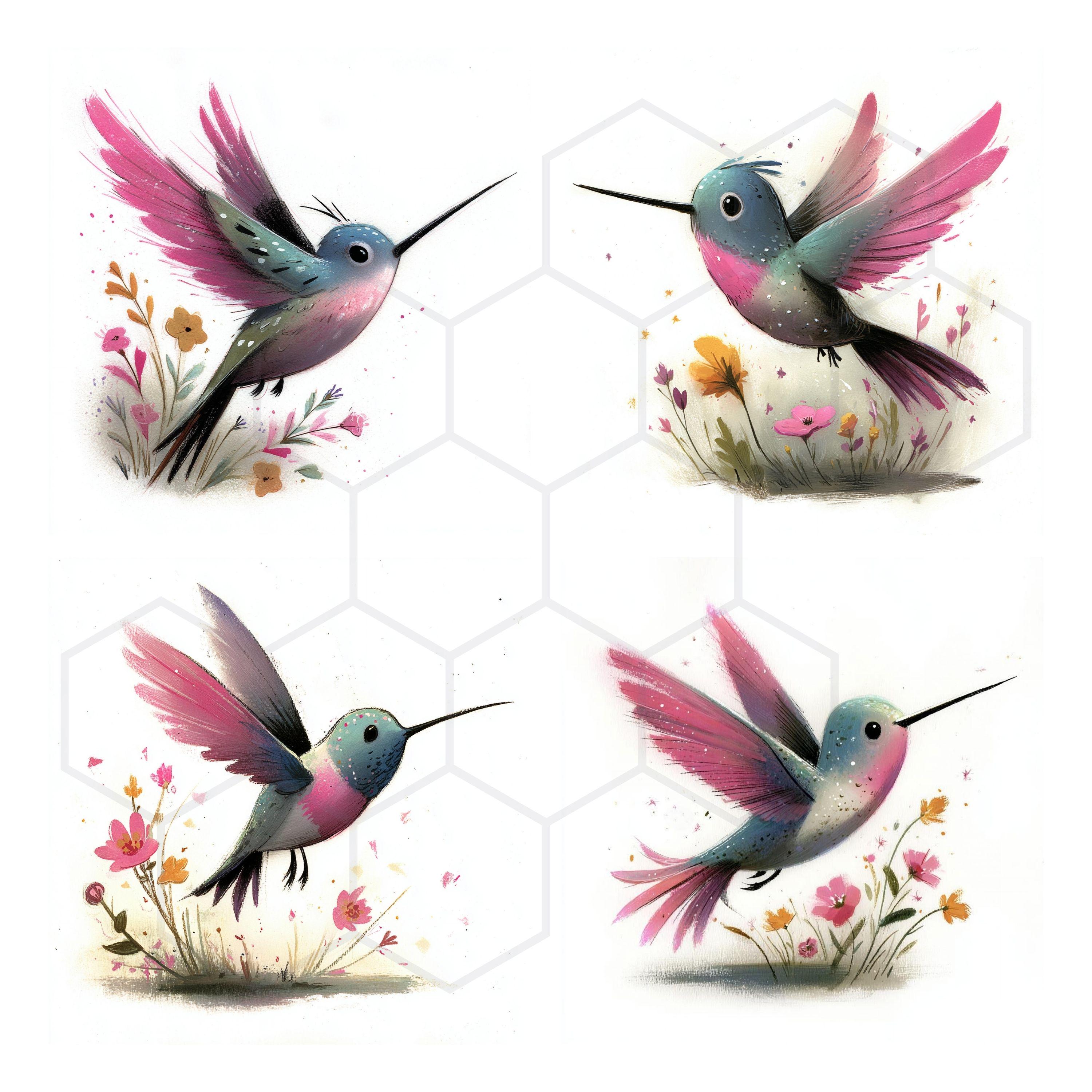 Whimsy Hummingbird Whimsical Hummingbird Clipart Bundle Floral Bird JPG Images Digital ...