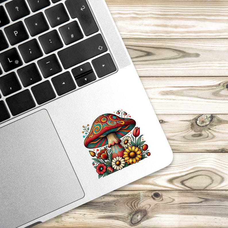 May include: A colorful psychedelic mushroom with red, blue, and green swirls, surrounded by yellow, red, and orange flowers. The mushroom is on a white background.
