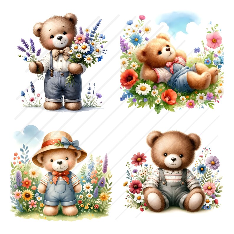 Op de afbeelding: Vier illustraties van teddyberen in een bloemenveld. Elke beer draagt een overall en een strikje. De beren zijn omringd door kleurrijke bloemen, waaronder rode klaprozen, blauwe bellen en madeliefjes.