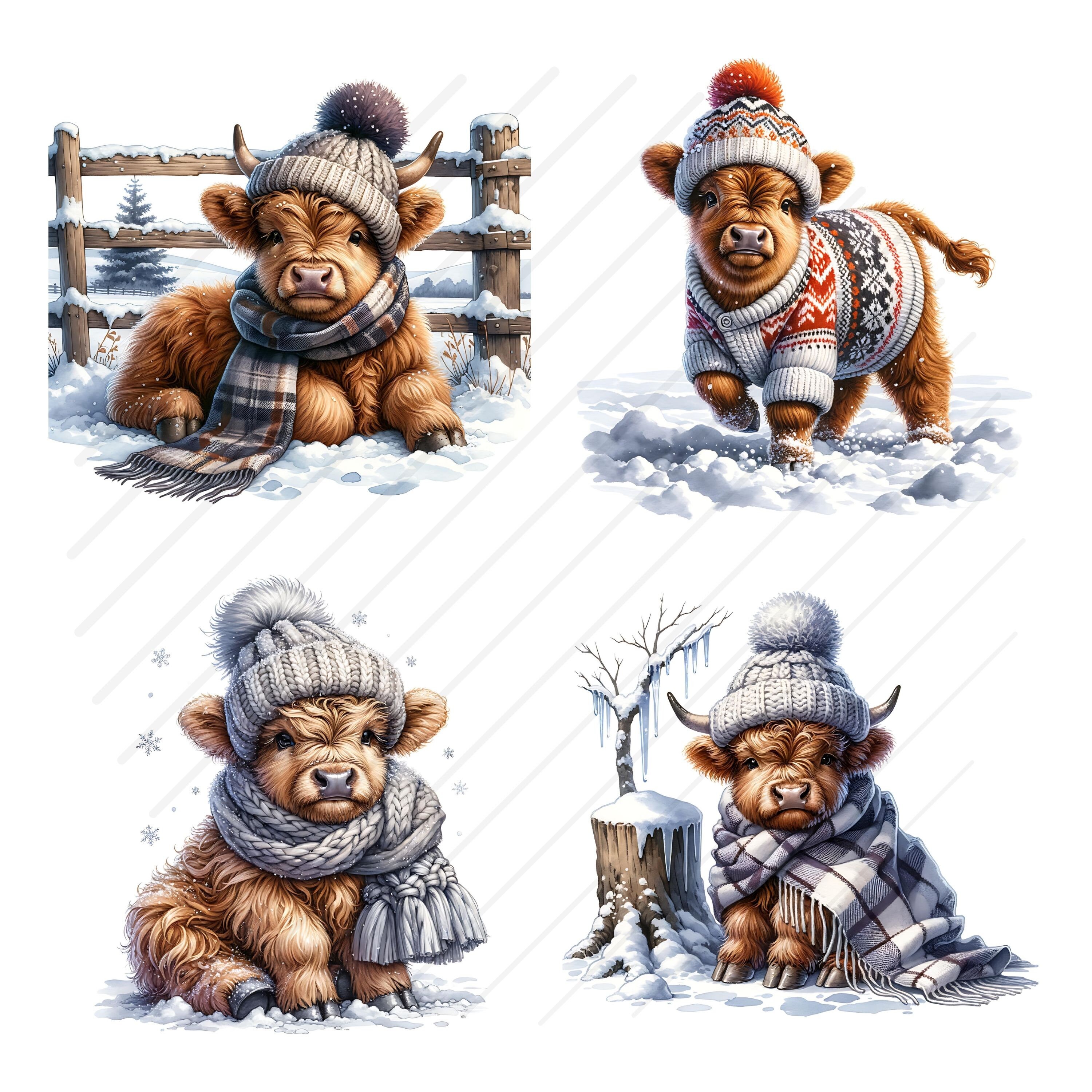 Winter Highland Cow Clipart Bundle Cute Highland Cow Design JPG Images ...