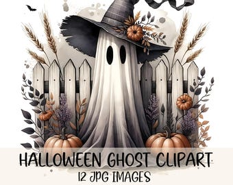 Paquete de imágenes prediseñadas de fantasmas otoñales en acuarela, gráficos de Halloween, imágenes JPG, imágenes prediseñadas de otoño, fantasmas florales, ilustraciones espeluznantes, creación de tarjetas para diarios creativos