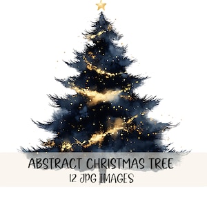 May include: An abstract Christmas tree illustration in navy blue with gold accents. The tree is topped with a gold star and adorned with gold string lights. The text "ABSTRACT CHRISTMAS TREE" and "12 JPG IMAGES" is at the bottom.