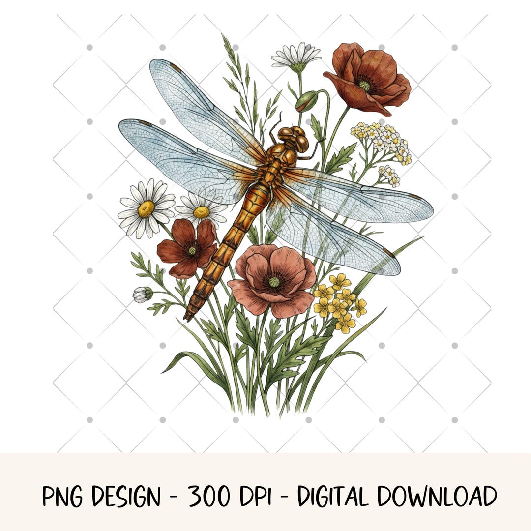 Floral Dragonfly PNG Sublimation Design Cottagecore Garden Flower ...