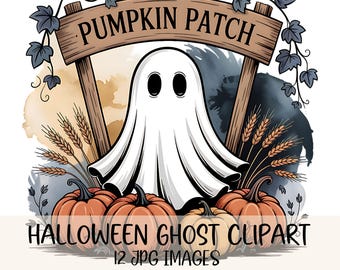 Paquete de imágenes prediseñadas de fantasmas de acuarela: Gráficos de Halloween de otoño (imágenes JPG, descarga digital)