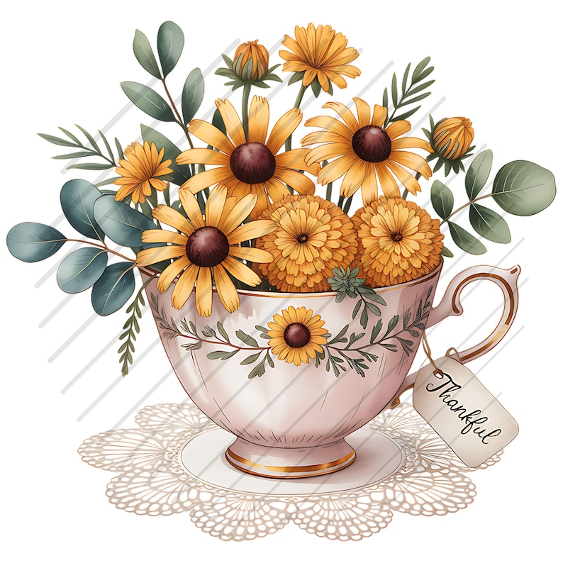 Op de afbeelding: Waterverfillustratie van een theekopje gevuld met gele en bruine bloemen en groene bladeren. Het roze theekopje heeft gouden randen en staat op een wit kanten kleedje. Een label met "Thankful" hangt aan de kop.