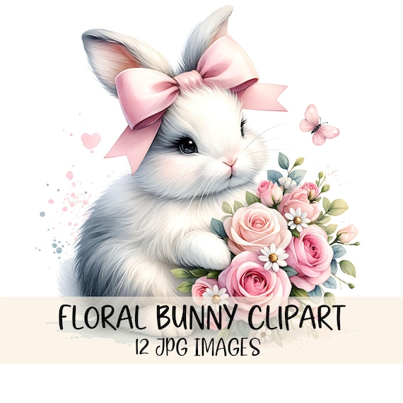 Bunny with Flowers Clipart Cute Bunny Clipart JPG Image Floral Rabbit Illustration Digital Download Watercolor Clipart Card Making Art