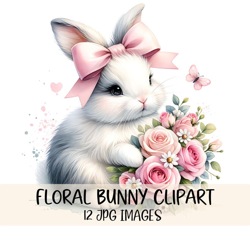 May include: A white bunny with a pink bow holding a bouquet of pink roses and white flowers. The bunny is sitting on a white background with pink and blue watercolor splatters.