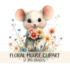 Clipart di topi floreali Clipart di topi ad acquerello Immagine JPG Grafica di topi di campo Illustrazione di roditori Clipart di fiori selvatici ad acquerello Creazione di biglietti