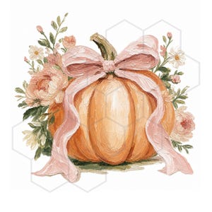 May include: An oil painting illustration of a round orange pumpkin adorned with a large, textured light pink ribbon bow. The pumpkin is surrounded by a cluster of painted flowers, including light pink peonies and small white daisies with green leaves.