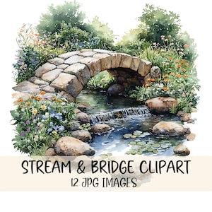 Streamen Clipartbundel Landschap Bloemen Aquarel JPG-afbeelding Brug Illustratie Cottagecore Lente Wildflower Grafische kaarten maken Decoupage