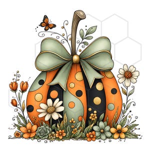 May include: A decorative pumpkin illustration featuring alternating orange and black segments with polka dots, topped with a large sage green bow. The pumpkin is surrounded by various orange and white flowers, green leaves, and a small orange butterfly.