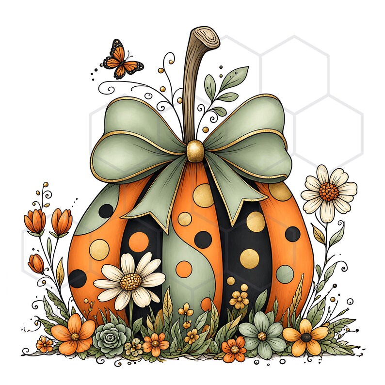 May include: A decorative pumpkin illustration featuring alternating orange and black segments with polka dots, topped with a large sage green bow. The pumpkin is surrounded by various orange and white flowers, green leaves, and a small orange butterfly.